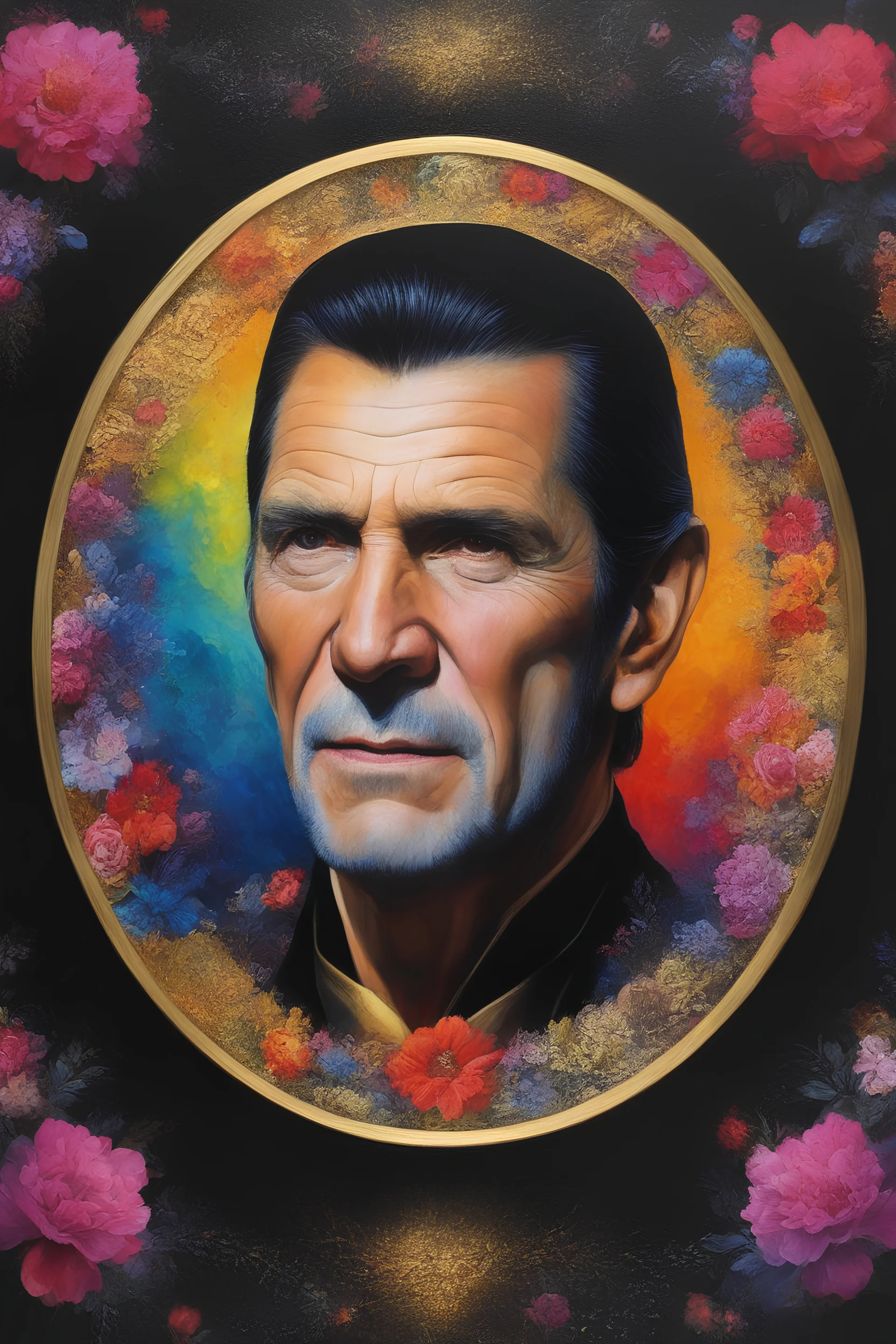 Count Dracula's face inside a small gold circle, Leonard Nimoy/Henry Cavill, multicolored, large, Floral/rainbow designs, atmospheric, beautiful, bright, vibrant colors, pitch-black background, oil painting by Boris Vallejo, 4k UHD, Photorealistic, professional quality