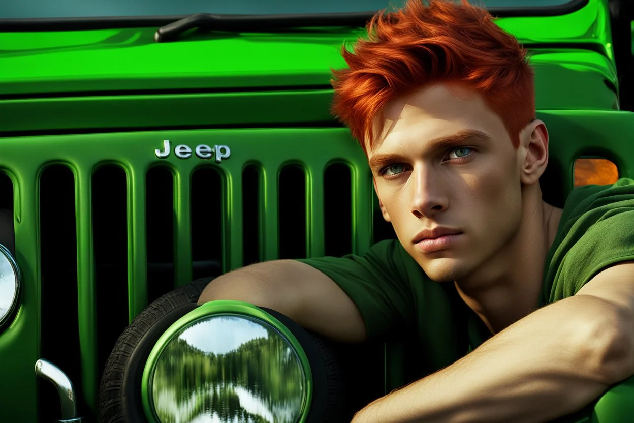 Young male with red hair and green eyes sitting in a jeep close up photo realistic