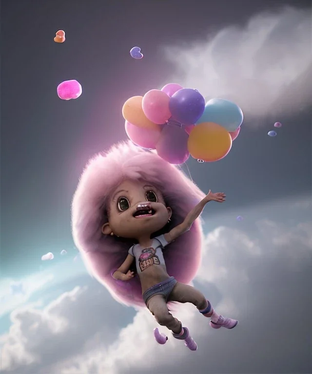 Ultra realistic clouds sky scene, wide angle, medium shot view, sweet childs, color smoke fog, free jumping flying, trinkets, monster hair, hair monster, jelly beans, balls, smile, happy, circus style, inflatable color clothing, extreme, wind, clouds sea, 20,000 feet altitude, stratosphere, soft color, highly detailed, unreal engine 5, ray tracing, RTX, lumen lighting, ultra detail, volumetric lighting, 3d, finely drawn, high definition, high resolution.