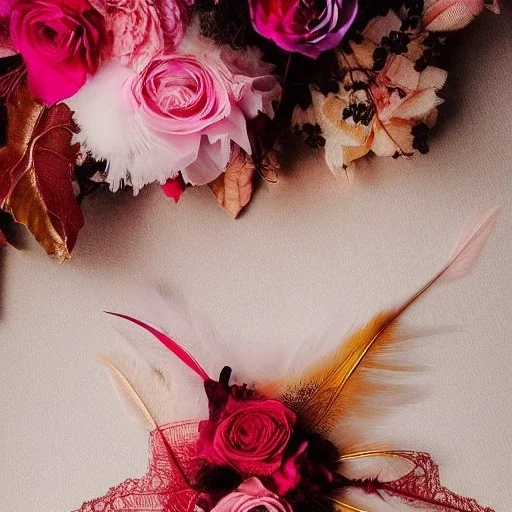 delicate bouquet of lace pearls and feathers, chiaroscuro, vivid colors, festive colors, dramatic lighting, beautiful composition, aesthetic layout