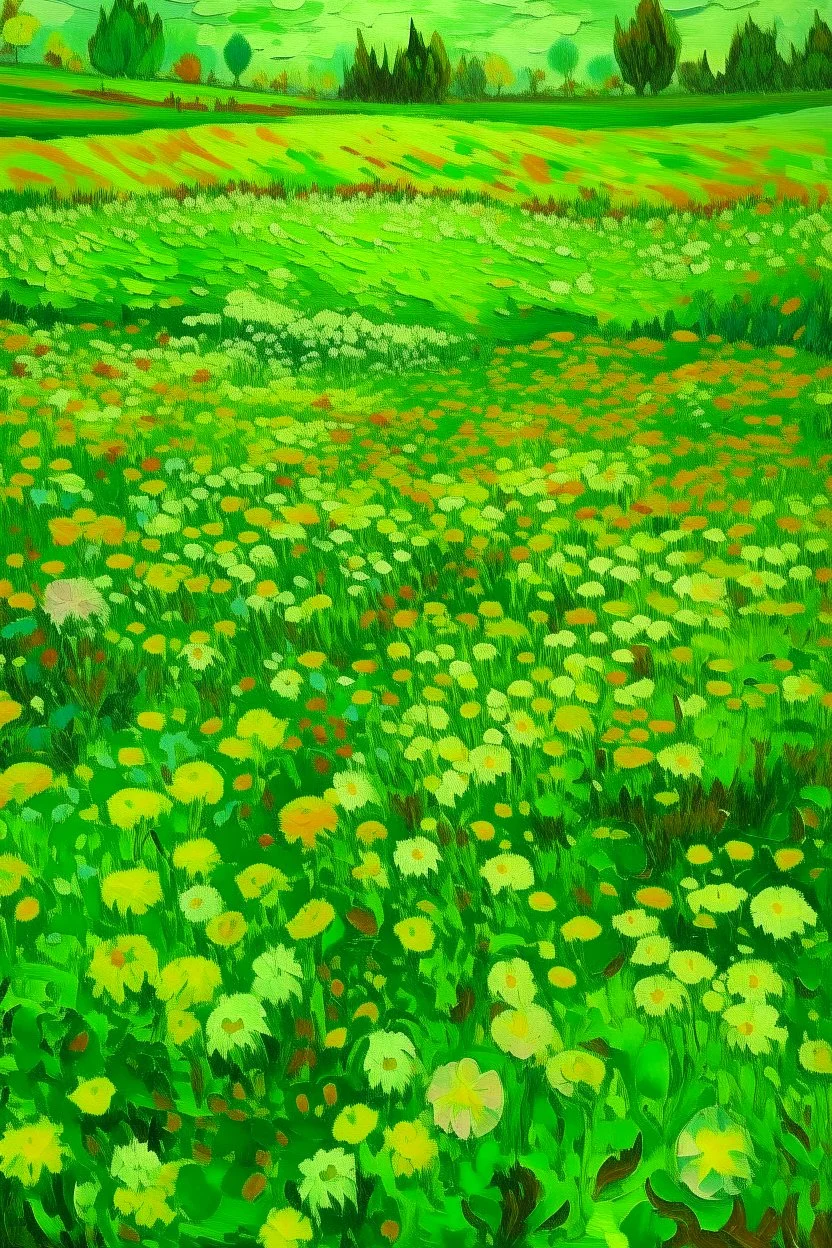 A lime green field filled with flowers painted by Vincent van Gogh