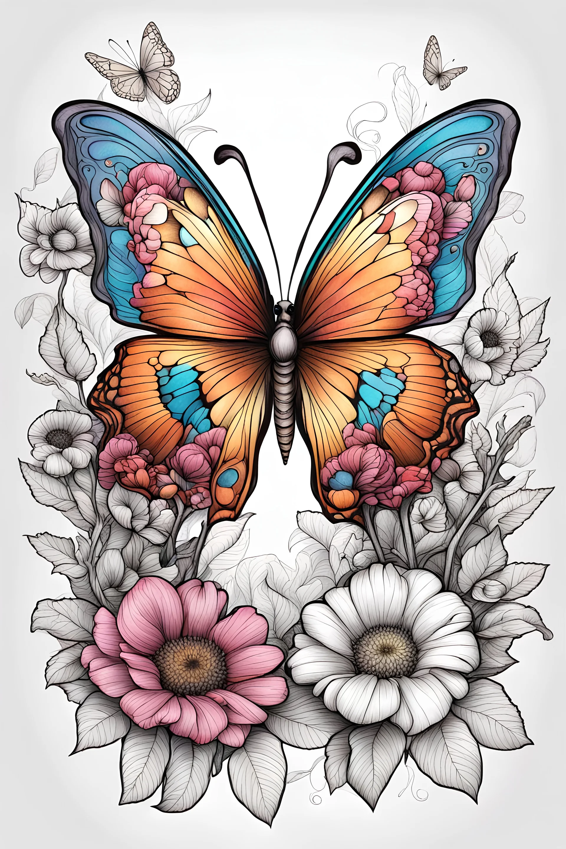 Sketch a butterfly gracefully landing on a vibrant, blooming flowers. in the coloring book style