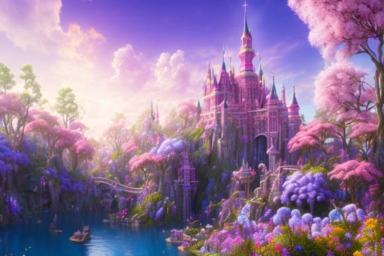 luminous pink castle, on the mountain, sun,swanns,waterfall, BLUE LAKE, SWANNs,fuksia bugainvillier flowers, jacaranda violet trees, sky pink blue, full of details, smooth, bright sunshine，soft light atmosphere, light effect，vaporwave colorful, concept art, smooth, extremely sharp detail, finely tuned detail, ultra high definition, 8 k, unreal engine 5, ultra sharp focus