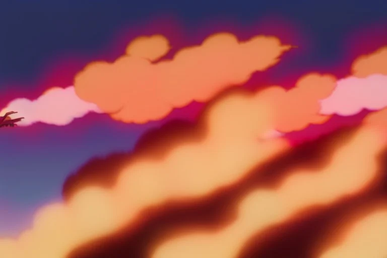 An intense still of Yui and Toshi, in mid-action, running against a fiery backdrop, clutching a small box believed to contain the legendary seeds. They're pursued by AeroCorp drones, the silhouette of their ominous shapes contrasting against the fiery sky.