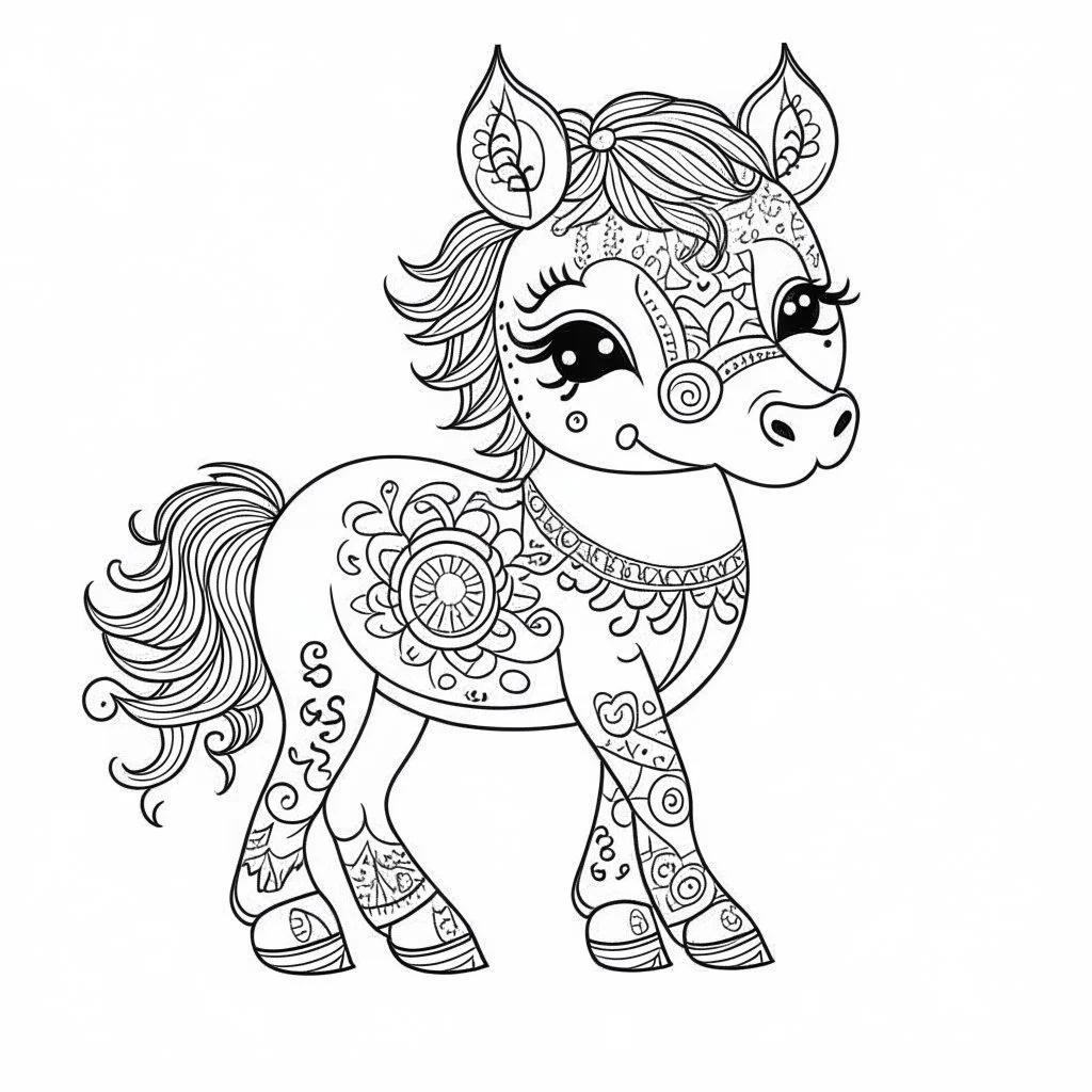 coloring page, mandala baby horse, happy, cute animals, full view, realistic, only draw lines, clean line art, –no sketch, color, –ar 3:4, white background, minimalistic black lines, minimal black color, low level black colors, coloring page, avoid thick black colors, thin black line art, avoid colors, perfect shape lines, perfect clear lines,