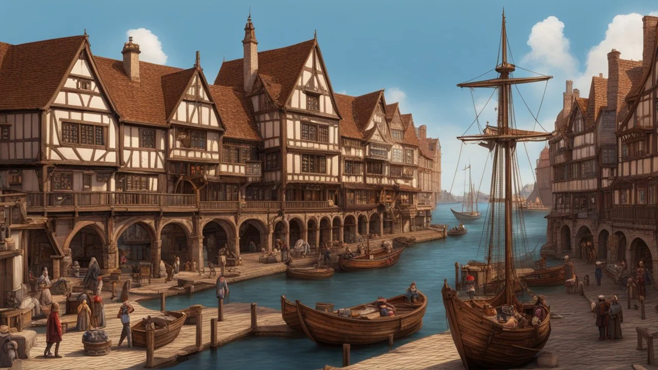 gothic medieval wooden harbour with piers and ships, people, shops, bridges, arches, balconies, taverns, blue sky