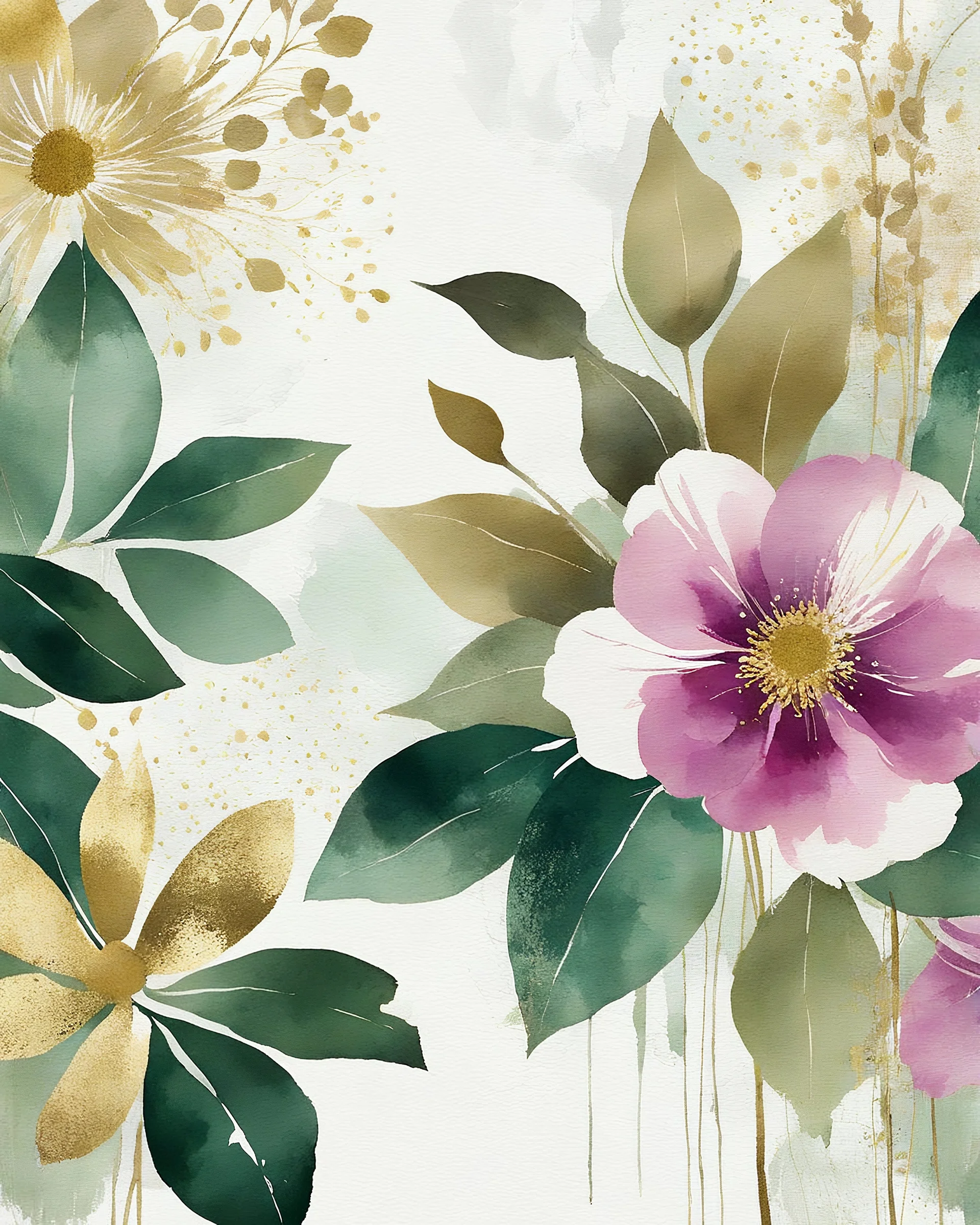 Floral illustration merges with vintage text, abstract art, wabi-sabi philosophy embracing imperfection, classic textured backdrop with purposeful scratches, distressed elements, chic elegance in a palette dominated by white, enriched with gold accents and subtle green and magenta details, golden outlines flower in background conveying a sense of luxury, executed with watercolor softness, neutral elegance, soft textures, digital painting, ultra fine, masterpiece.