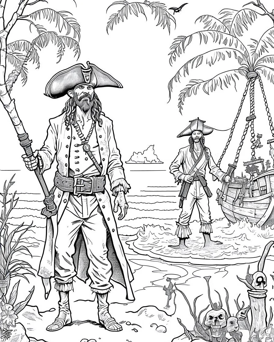 Pirates of the Caribbean: Ghostly Pirates Coloring Adventure: Design a spine-chilling coloring page inspired by the Pirates of the Caribbean movie, showcasing ghostly pirates haunting a deserted island. Let young artists explore their imagination as they add eerie details to the tattered clothing, glowing eyes, and ghostly apparitions. This coloring page provides a thrilling and chilling experience for kids to bring the haunting scene to life in black and white.