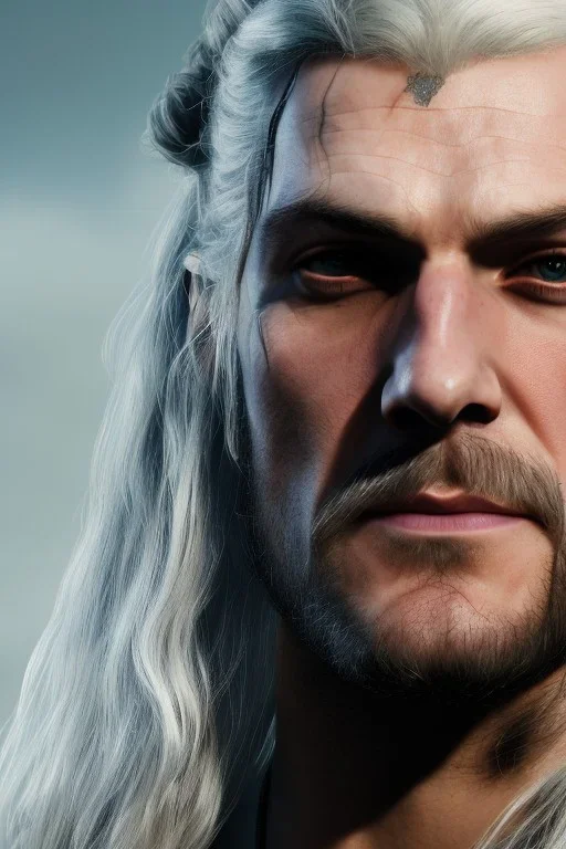 Henry cavil face, long white hair, wearing The witcher 3, realistic, 4k,