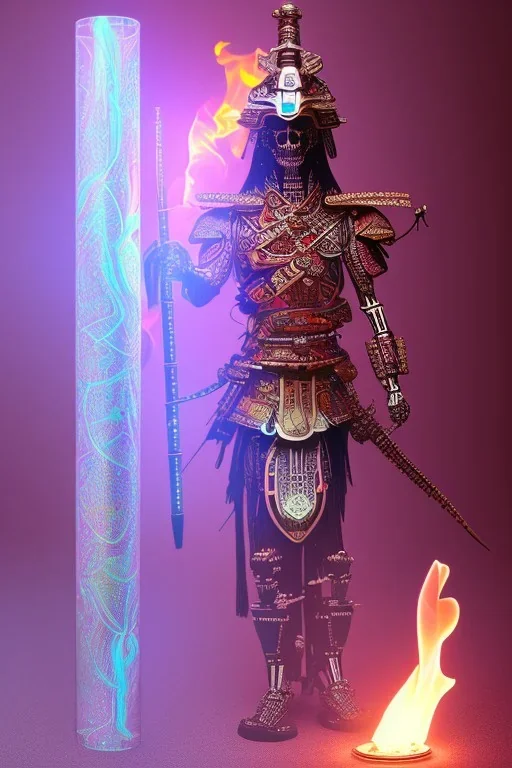 Futuristic Neon crystal skeleton samurai smoke glass fire water