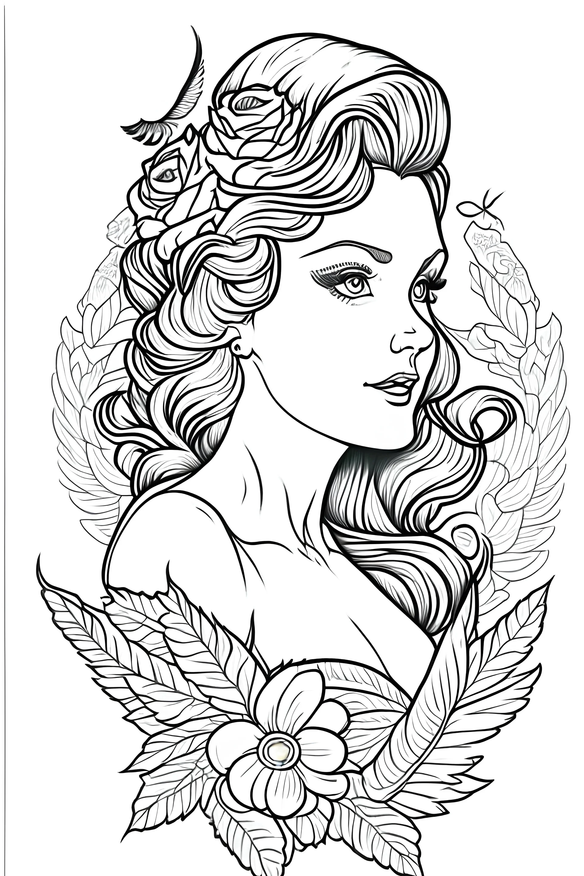 Outline art for vintage tattoo coloring pages for kids, white background, only use outline, clean line art, no shadows and clear and well