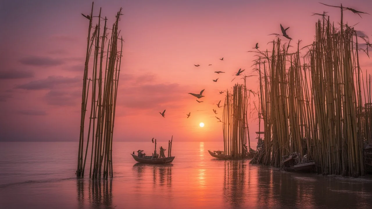 Large birds fly between long, fragile bamboo pillars that support dilapidated cabins in uncertain balance, over a calm sea where small fishing boats work, in an atmosphere of reddish sunset