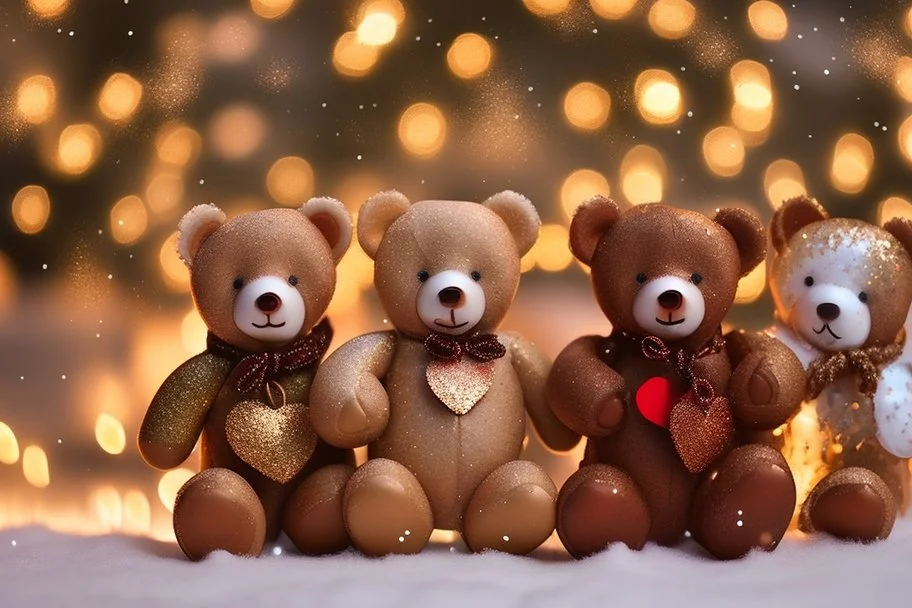 cute teddy bears holding hearts covered in sparkling gold glitter, beautiful winter composition, snowflakes, pine branches, Christmas ornaments and glowing Christmas lights