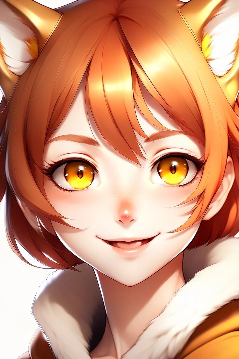 An anime adult female with short red hair, gold eyes, large fox ears, slight smile, pale skin