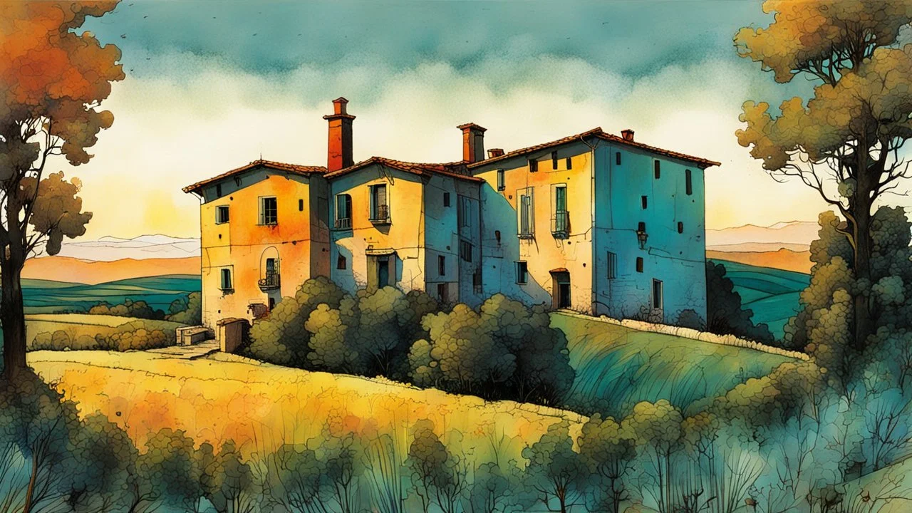 create a wildly abstract illustration of a highly detailed fortified Italian farmhouse surrounded by Lombardy poplar trees, in the hills of Tuscany at sunset, in the comic book art style of Bill Sienkiewicz, and Jean Giraud Moebius, finely textured, drawn, colored, and inked