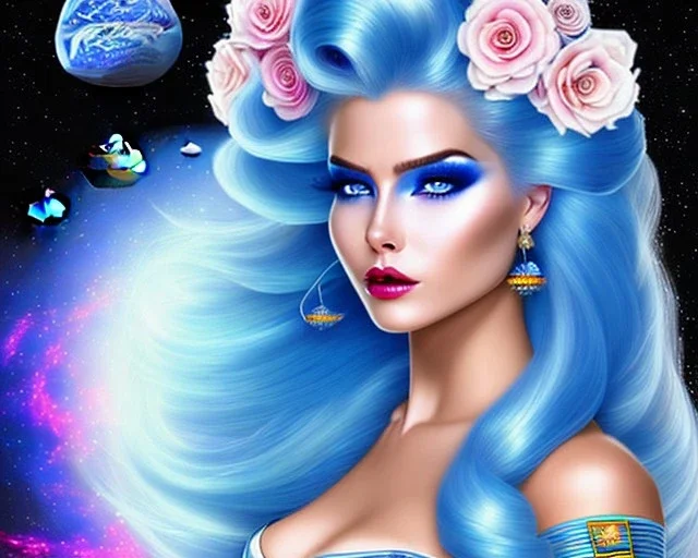 jolie femme galactique cosmonaute avec longs cheveux bleus dans un paysage cosmique avec ufos - joli visage souriant et beau corps bien formé , beaux yeux bleus - grandes ailes bleu ciel , ciel bleu fleurs blanches et roses. robe en soie, jolies dents, jolis yeux, picture precise and hight quality,ambiance rose pÂle, combinaison de cosmonaute