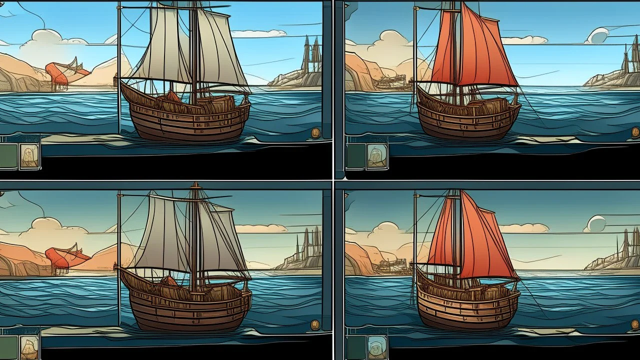 My apologies, I missed that detail about the specific controls. Here's an updated prompt for the AI image generator chatbox: **Game UI: Boat Sailing** * **Layout:** Split screen (top 3/4: game world, bottom 1/4: controls) * **Game World:** Stylized sailboat (single mast, billowing sail), ocean environment (waves, horizon), optional obstacles. Subtle wind direction indicator. * **Controls:** * Rudder Crank Wheel (large wooden wheel) * Two ropes on sail (Mainbrace): Left rope pulls (incr