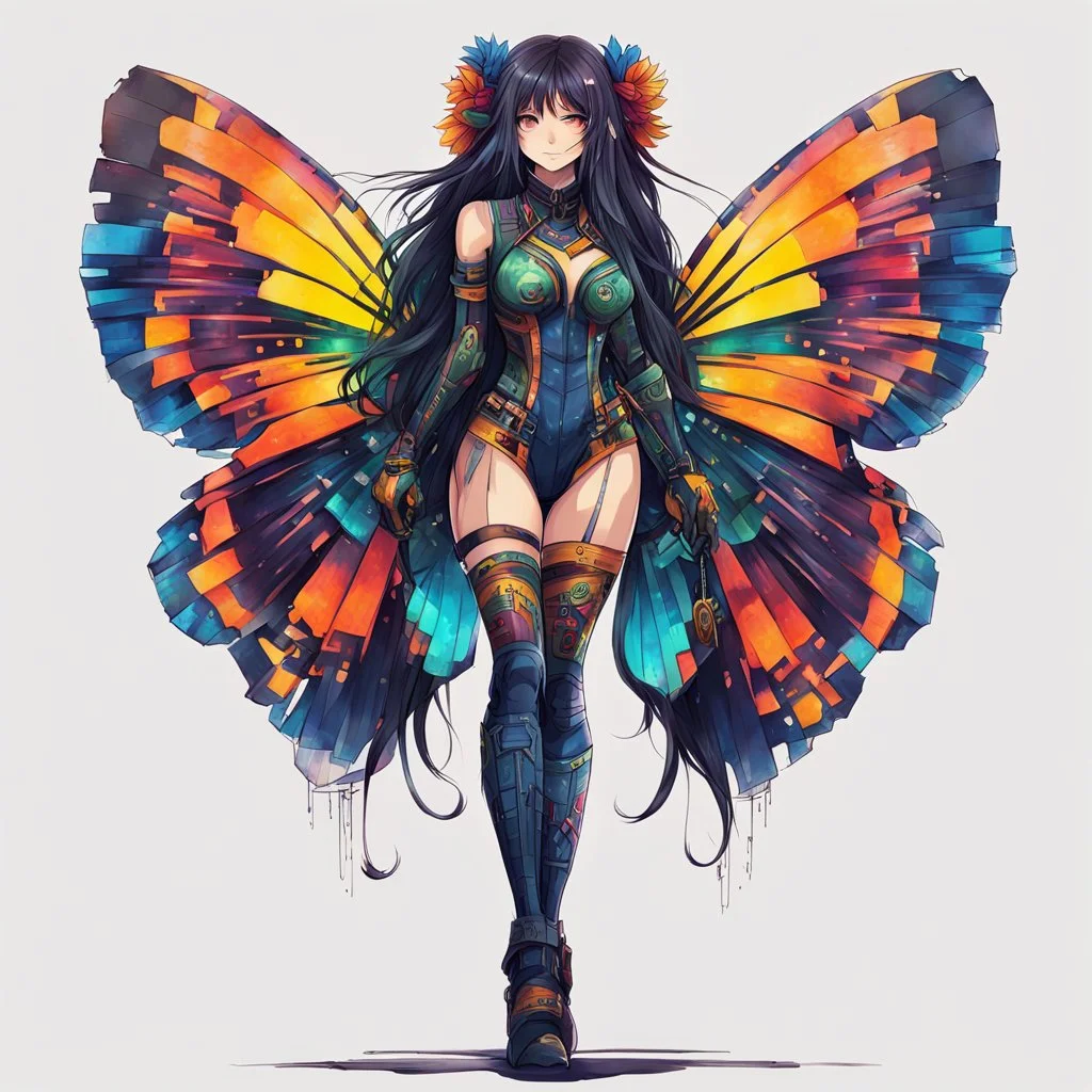 half body, long hair, with detailed blueprints and engineering schematics of a walking hybrid Madagascan sunset moth insect girl, in anime style, drawings, 8k, vibrant natural colors, tight bodysuit, white skin, wings above shoulder