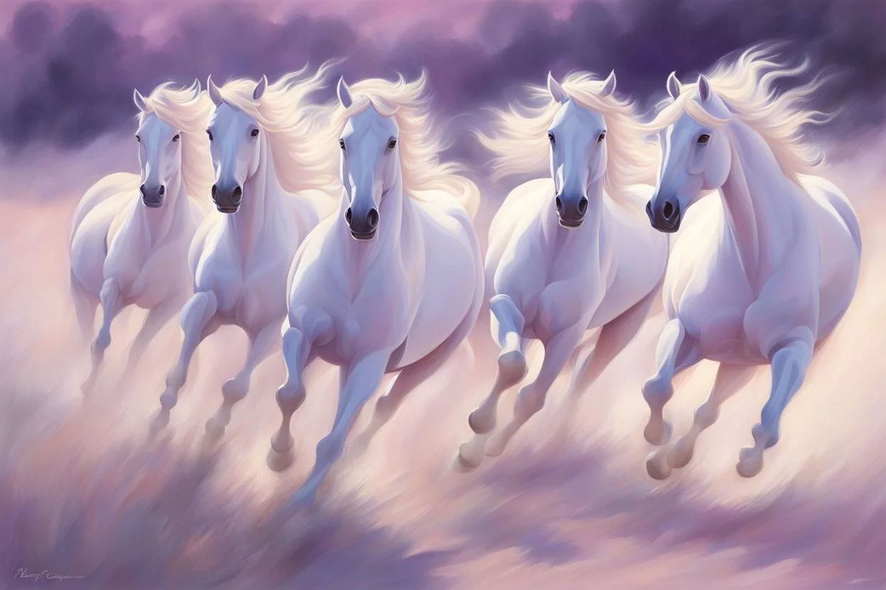 Oil on canvas portrait of seven majestic white horses galloping in a vast, open landscape. They go at full speed, their manes blowing in the breeze. The soft gradient background of pastel pinks and purples creates a serene and dreamy atmosphere. Clear summer weather. The overall effect is one of movement and freedom, capturing the boundless spirit of horses.