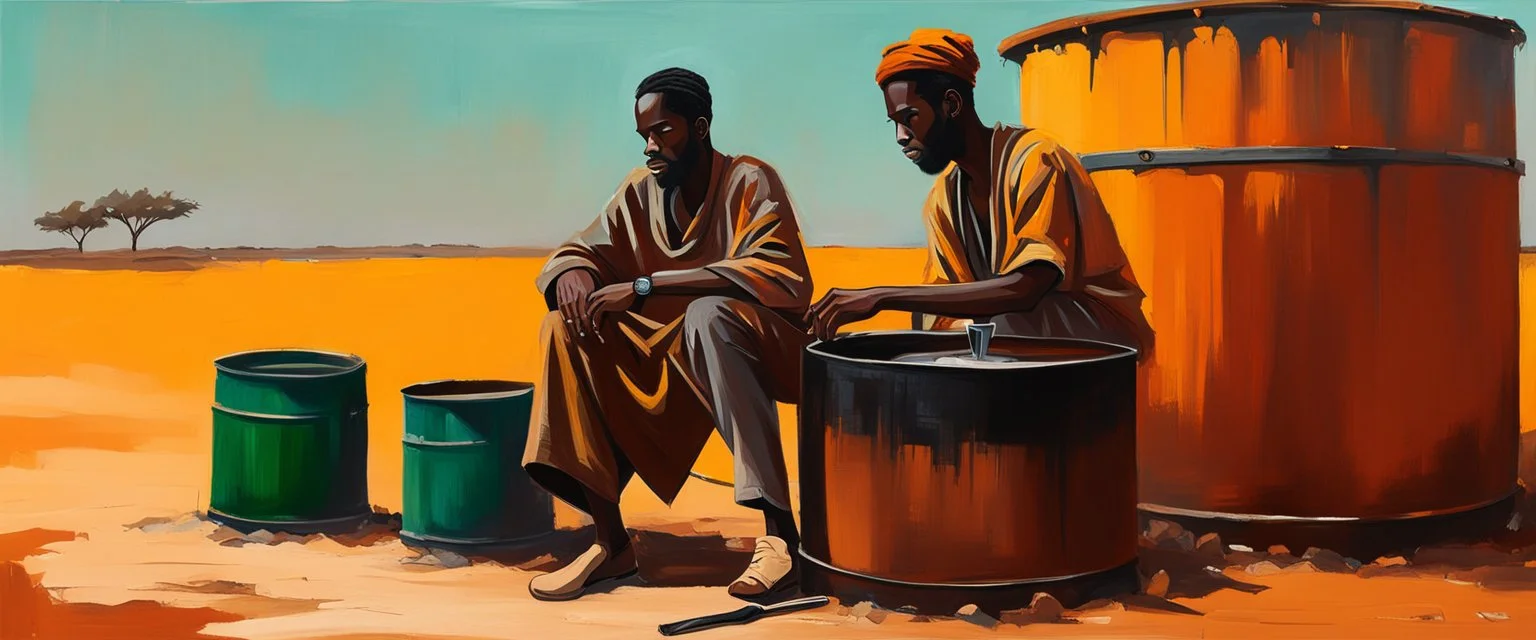 in Somalia, in small monotony, a small poor village a skinny tall young black man suffering from insomnia is sitting at a rusty oil barrel and drinks a delicious cup of extreme strong coffee, acrylic minimal impasto painting, wide angle, dynamic crude brush strokes, dusty yellow heat mood, peaceful vibe, tribal vibe, warm shades yellow, orange, green and black, with sparse deep red leak, wide angle, distant horizon