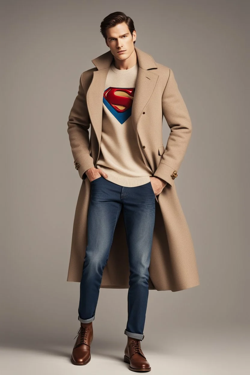 Men's Superman's Zara coat Winter elegant inspired by Superman's emblem design beige tones with dual color on a white background, product catalog photography, soft spot lighting, depth of field, 4k –ar 3:5 –q 2