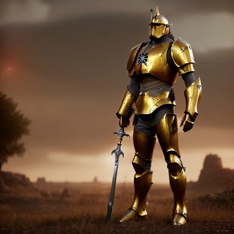 a lone paladin wearing golden armor, no helmet, medieval battle background