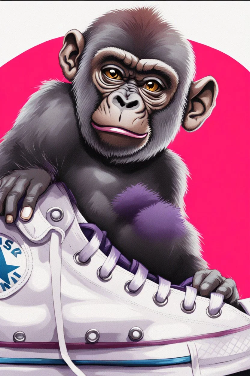 a profile picture of a small gorilla sitting in a purple Converse sneaker, like it's a car, comic style