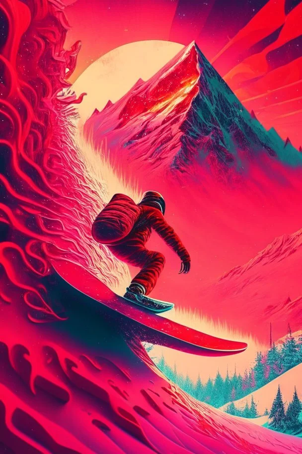 Snowboarding, psychedelic, red tones, fantasy landscape