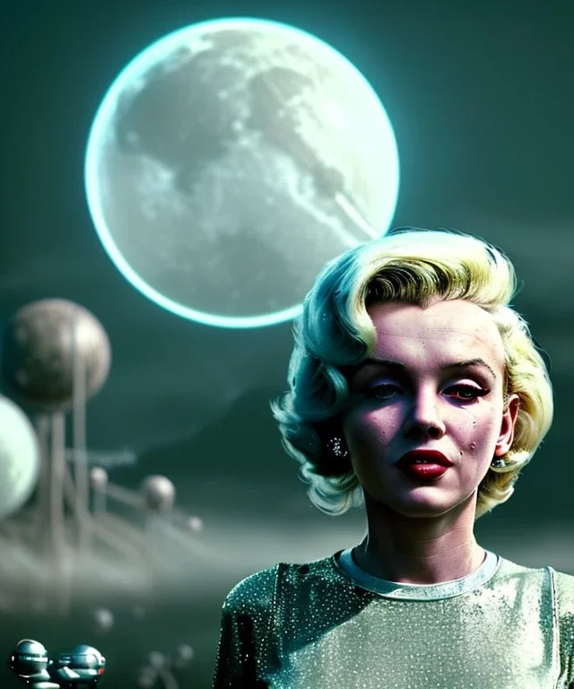 Ultra Realistic retro sci-fi 1960 scene, waist up view portrait, blonde woman, sweet young Marilyn Monroe face, perfect iris, tight latex coat, alien planet background, tight style, steel sphere dron levitating, fog, rain, soft color, highly detailed, unreal engine 5, ray tracing, RTX, lumen lighting, ultra detail, volumetric lighting, 3d, finely drawn, high definition, high resolution.