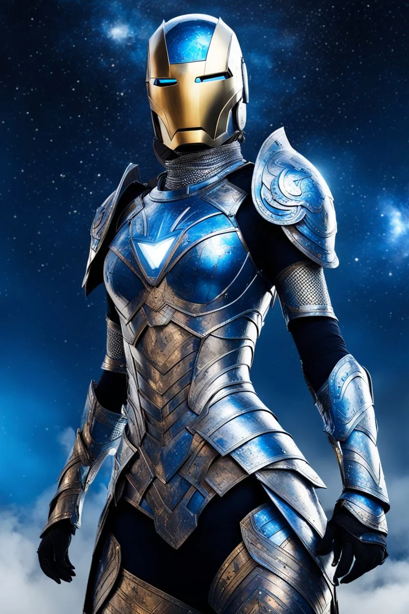 pretty woman on great armour, metalic, blue and silver paint, complete costume, helmet and mask, female stylized, woman lines, flying, iron man influence, darknight sky background.