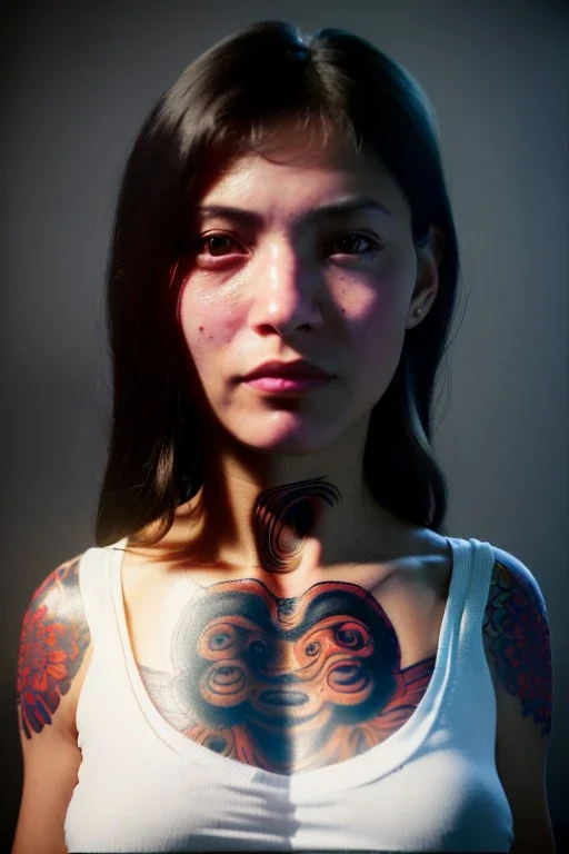 Ultra Realistic image, 30 years old Spanish woman, portrait, small complexion, natural small busty, traditional Japanese tattoo, jakuza style, vibrant color, highly detailed, art stations, concept art, smooth, unreal engine 5, god rays, ray tracing, RTX, lumen lighting, ultra detail, volumetric lighting.