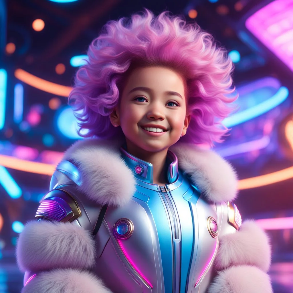 (masterpiece, best quality, 8k, RAW photo, beautiful and aesthetic:1.2), complex detail, Indirect light, photorealistic, (((full body))), Cosmic Baby corp boss style smiling, Fluffy hair, colorfull Sci-Fi environment