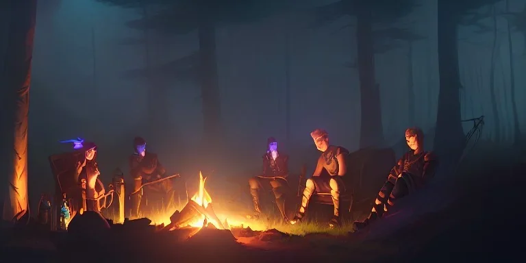 Adventurers resting around a campfire in a forest clearing at night, starry sky, dark fantasy, high detail, high definition, big adventuring bags, atmospheric