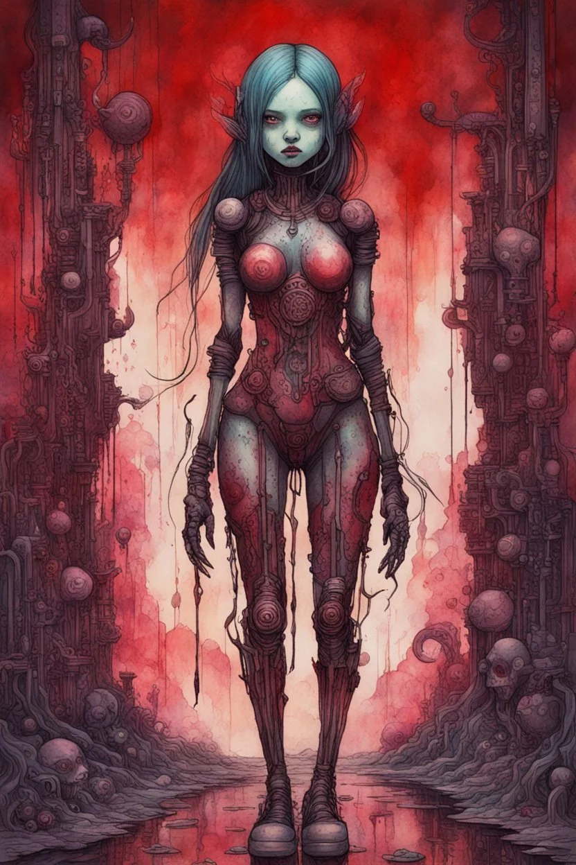 cyberpunk full body, huge girl and petit girl in blood, guts, , iridescent, wildflower, cosmic, futuristic intricate, behind made background liquid, watercolor illustration by <John Kenn Mortensen>, darkred tones,