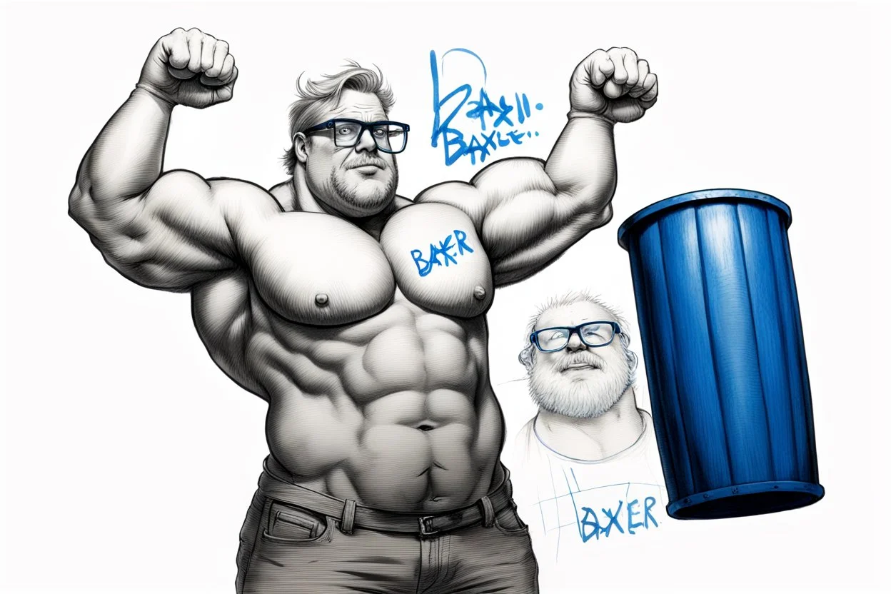 a very swedish strongman, big muscles and short light hair, pair of glasses, holding one big blue barrel above his head, a drawing with sketch lead pencil, The word BAXER floating