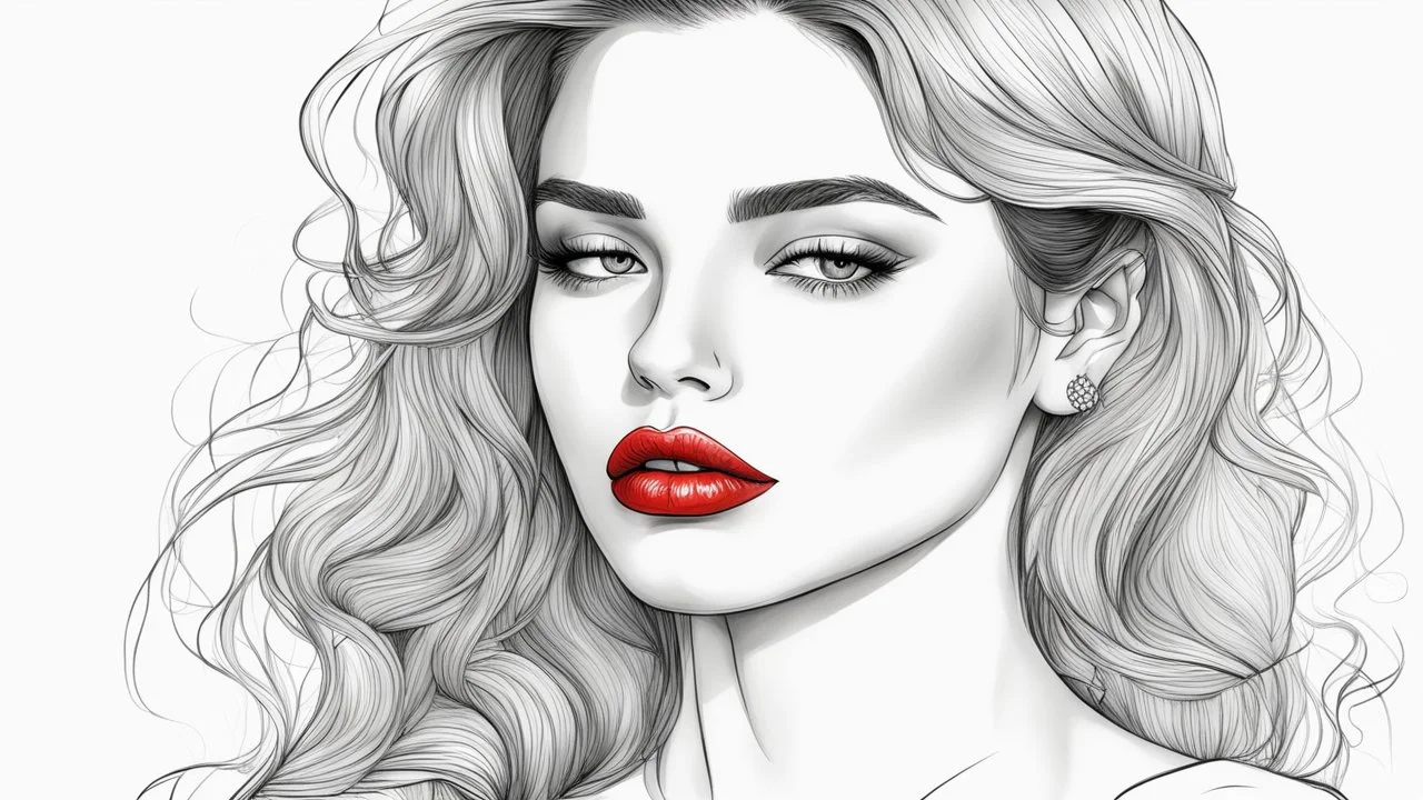 Outline drawing for portrait of a gorgeous and sweet woman, sadness, red lips, coloring page, white background, sketch style, use outline only, clean lines, white background, no shadows, clear and well outlined