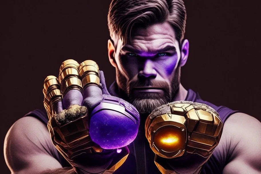 A sporty looking man with With a serious his face while holding Thanos' gantlet K's infinity gauntlet has six infinity stones