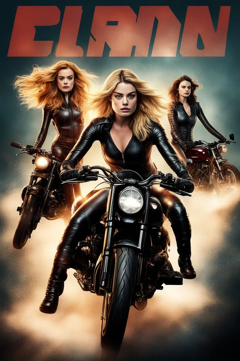Katherine McNamara, Margot Robbie and Georgia Henshaw in tight leather catsuits, as superheroes, riding motorbikes.