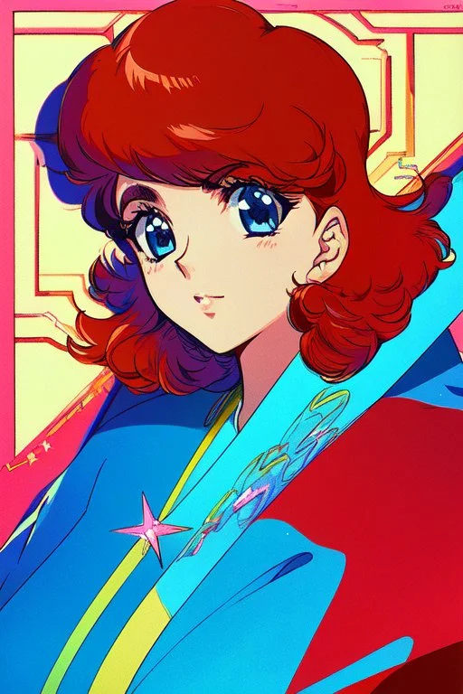 1girl, retro anime, 80's, redhead,Portrait of beautiful woman, sparkling dark blue eyes,