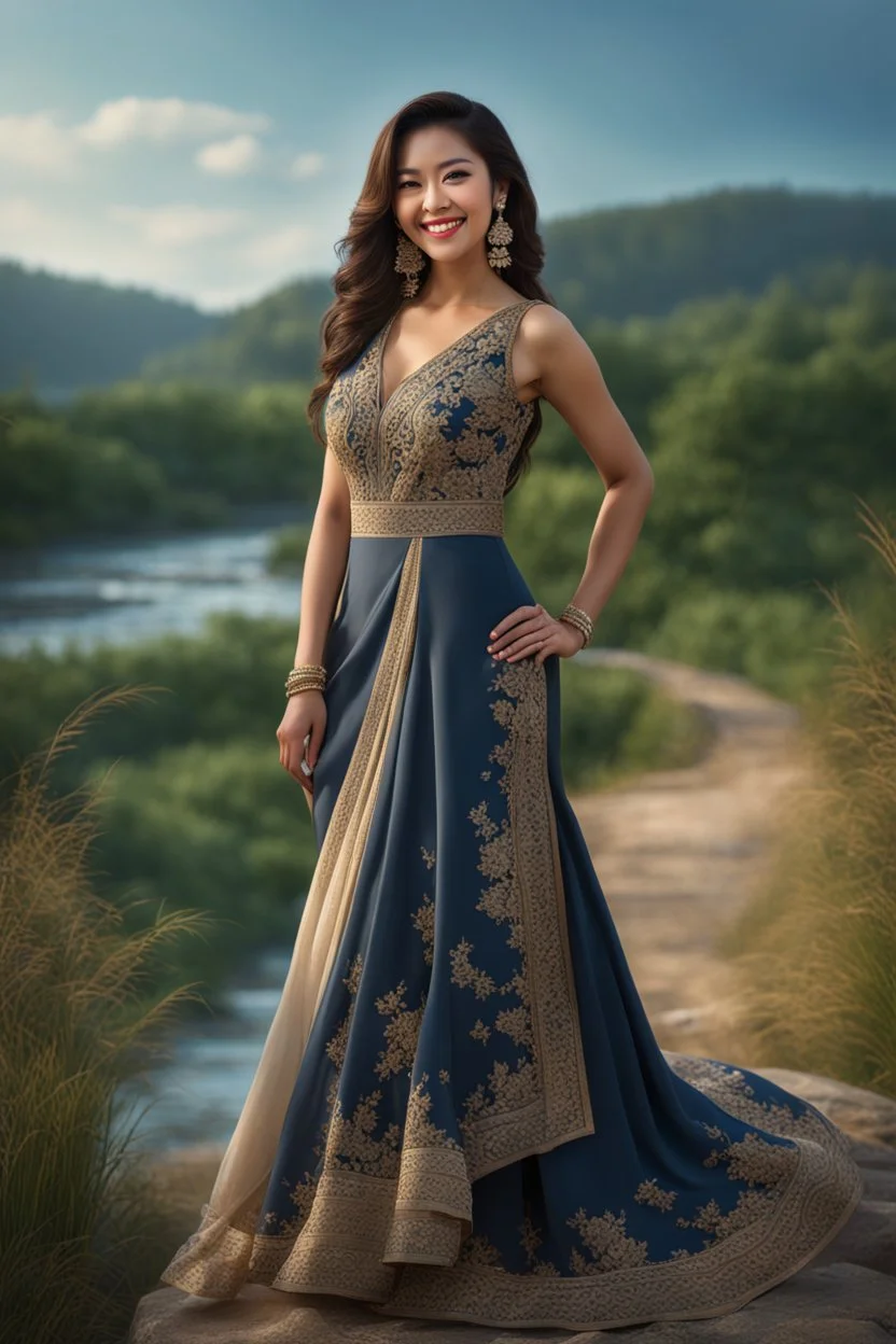 ((full shot body)) photo of the most beautiful artwork in the world featuring model, smiling, , High Detail, Sharp focus, dramatic, photorealistic, ultra sharp, ultra hd, hyper realistic, ultra realistic, ((((dress)))), trending on artstation, sharp focus, studio photo, intricate details, highly detailed, standing in nice pose in country side with river ,water fall ,rocky vally