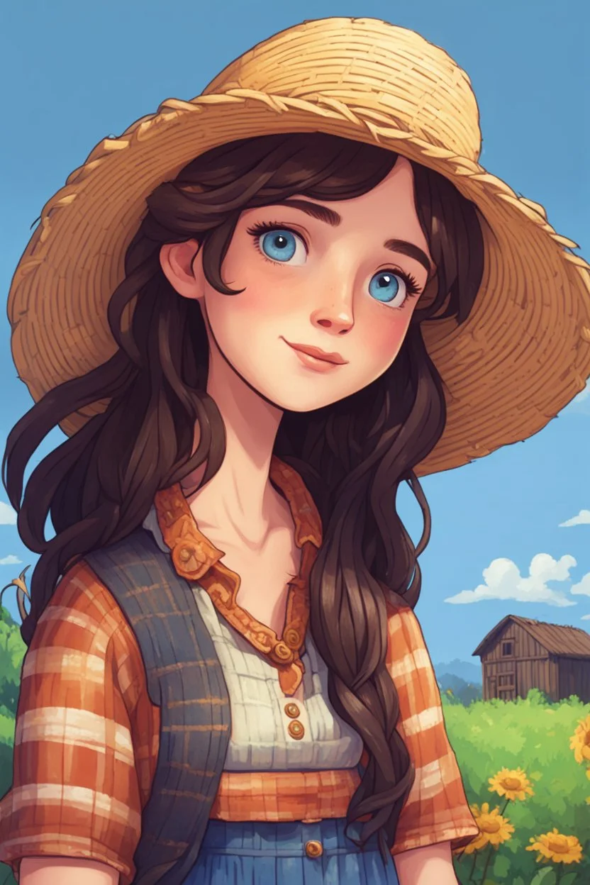 A girl with long dark brown hair, with a straw hat on her head, blue eyes, dressed in farm clothes stardew, valley style