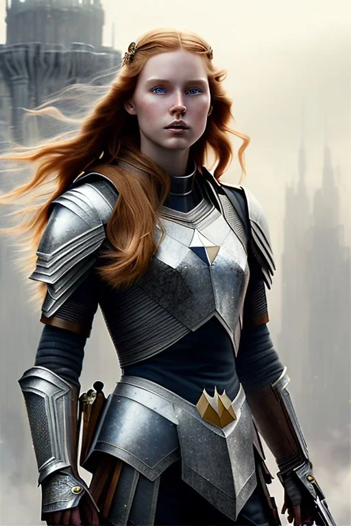 ultrarealistic, concept art, ruined city,__intricate fantasy armor__, no star, __angles__, 18 year old woman, strikingly beautiful,ginger hair, _colour_, (pale __skincolor__ skin:1.2), __camera__, _hair_, detailed face and eyes, medium breasts, fantasy theme, freckles, dynamic pose, resolved expression, __accessory__, strappy outfit, (straps:1.1), sword in scabbard on left hip, (buckles, buttons, snaps, rings:1.0), haltertop style breastplate, detailed eyes, plump lips