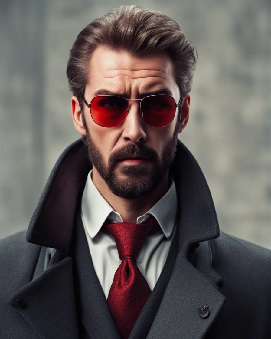 a young man who looks like hans gruber wearing a heavy coat and red sunglasses staring with an irritated look on his face