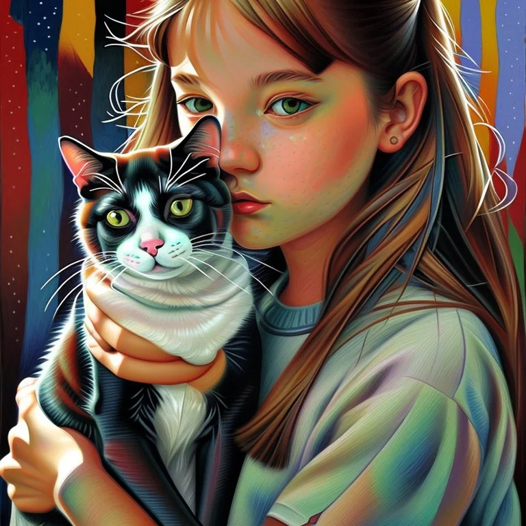 A girl and her cat inspirational styles - Pointillism, Realism and Fauvism