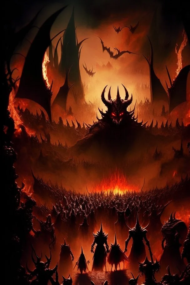 A picture of hell with hellish people in torment Sauron, the lord of darkness, with the devil and his army, in the land of destruction