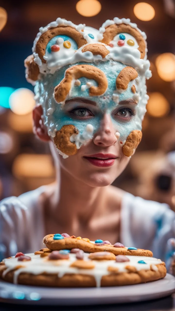 portrait of horny cute woman with cookie and gel ice mask , baker of the highest many storied advanced art cake sculpture during a casino game show, bokeh like f/0.8, tilt-shift lens 8k, high detail, smooth render, down-light, unreal engine, prize winning