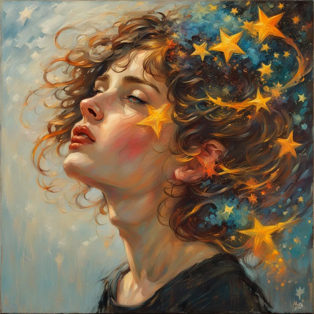 In a captivating luminous thick expressive impasto art nouveau oil painting in the style of Alphonse Mucha, Jeremy Mann, and Heinrich Kley, a teenage girl made of rainbows and stars peering out into the emptiness of eternity Teen Angst Ethereal Incandescence Anthropic Entropic Decay - Mann, Gammell, Kley, Goldin, Gerome, Quentin Blake, Damien Hirst, Hajime Sorayama, Anne Bachelier, Gibson, Rockwell, Seagrave, Alberto Vargas, N.C. Wyeth, beksinski, Bouguereau, Parrish, warm hues