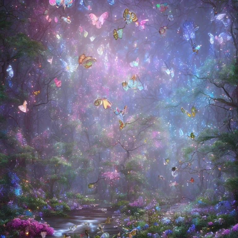 magical forest with sparkle and jewel butterflies and blue big flowers and pink mushrooms waterfall sky