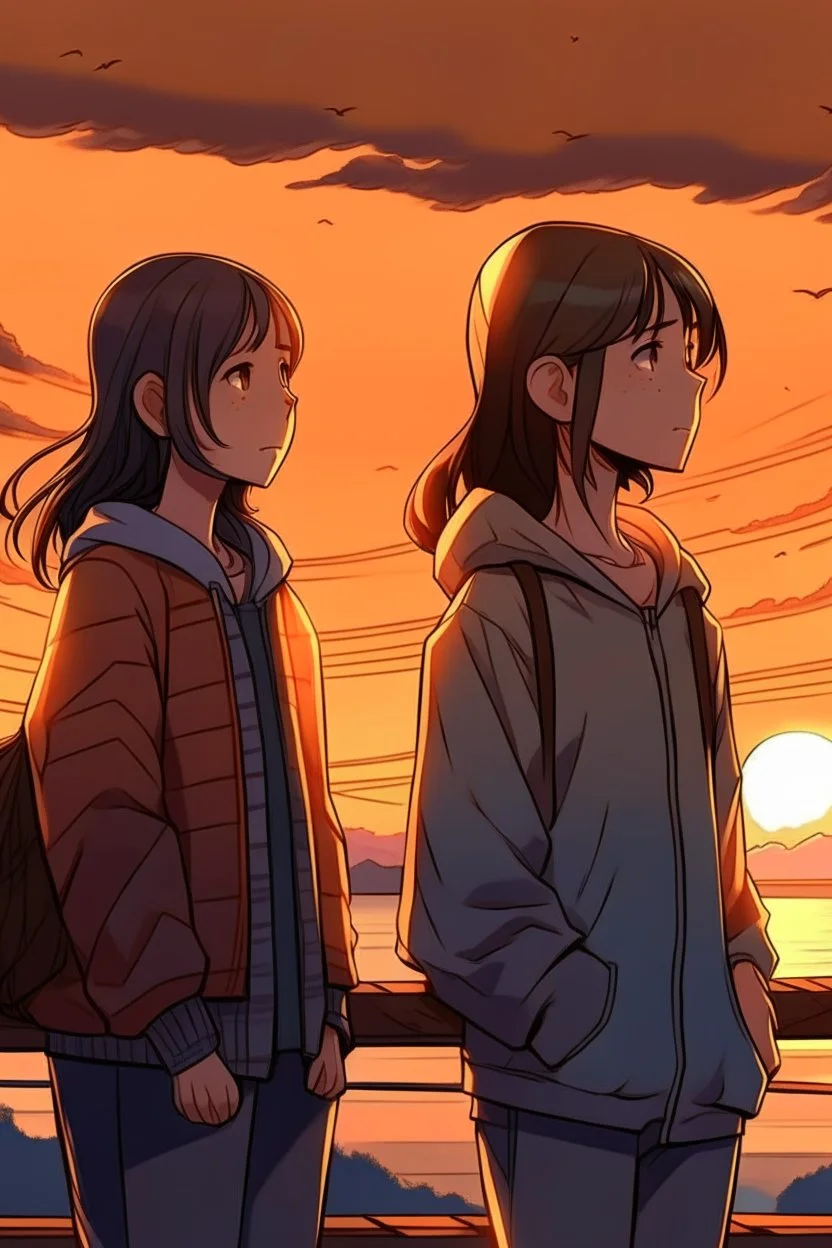 gün batımını izleyen 2 kız 2D biraz daha detaylı daha fazla detay ve 2d yüzleri hafif görünüyor yüzleri görünüyor farklı bir tarzda detaylı farklı ve detaylı kıyafetler kıyafetler düzgün olsun ve hava soğuk farklı bir tarz