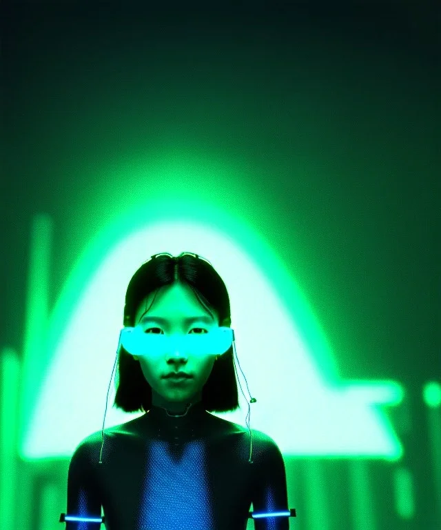 Ultra realistic photographic night portrait, cinematic, <Asian woman> many wires coming out of the head <perfect pupil><glow eye> <cyborg arm> <garage> <wide angle><x-rays> <retro futuristic> <thriller>, neon lights, color fog, soft color, highly detailed, unreal engine 5, ray tracing, RTX, lumen lighting, ultra detail, volumetric lighting, high definition.